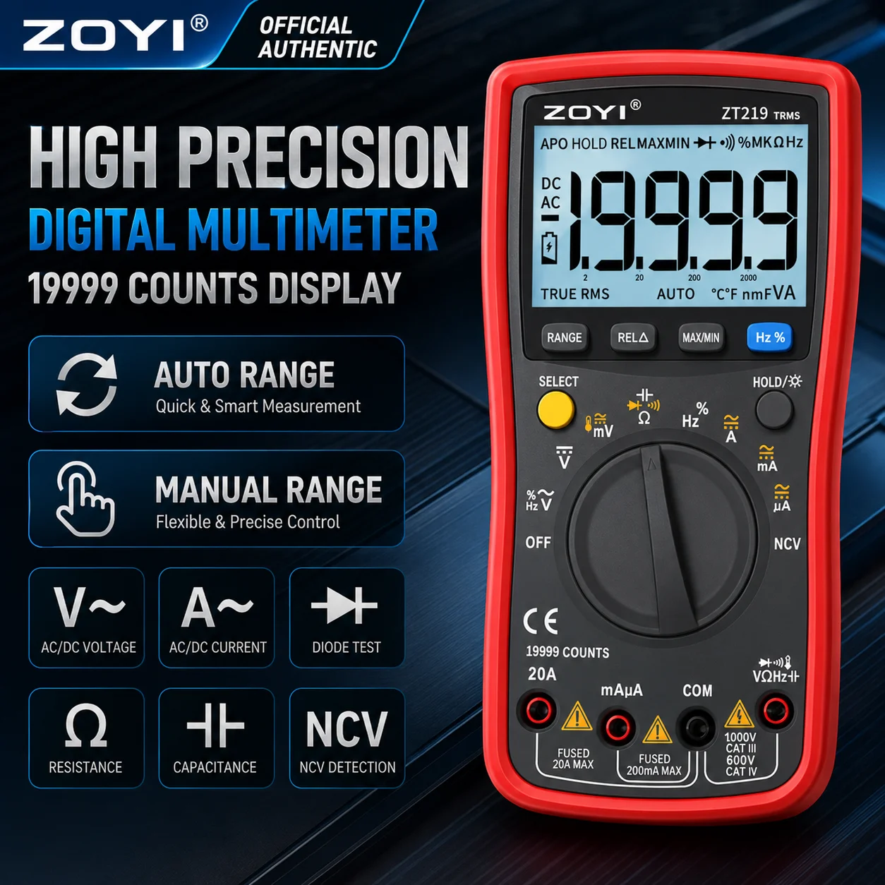 ZOYI ZT-219 High Precision True RMS Digital Multimeter 4.5 Digit Smart Anti-Burn for Electrical Maintenance Repair