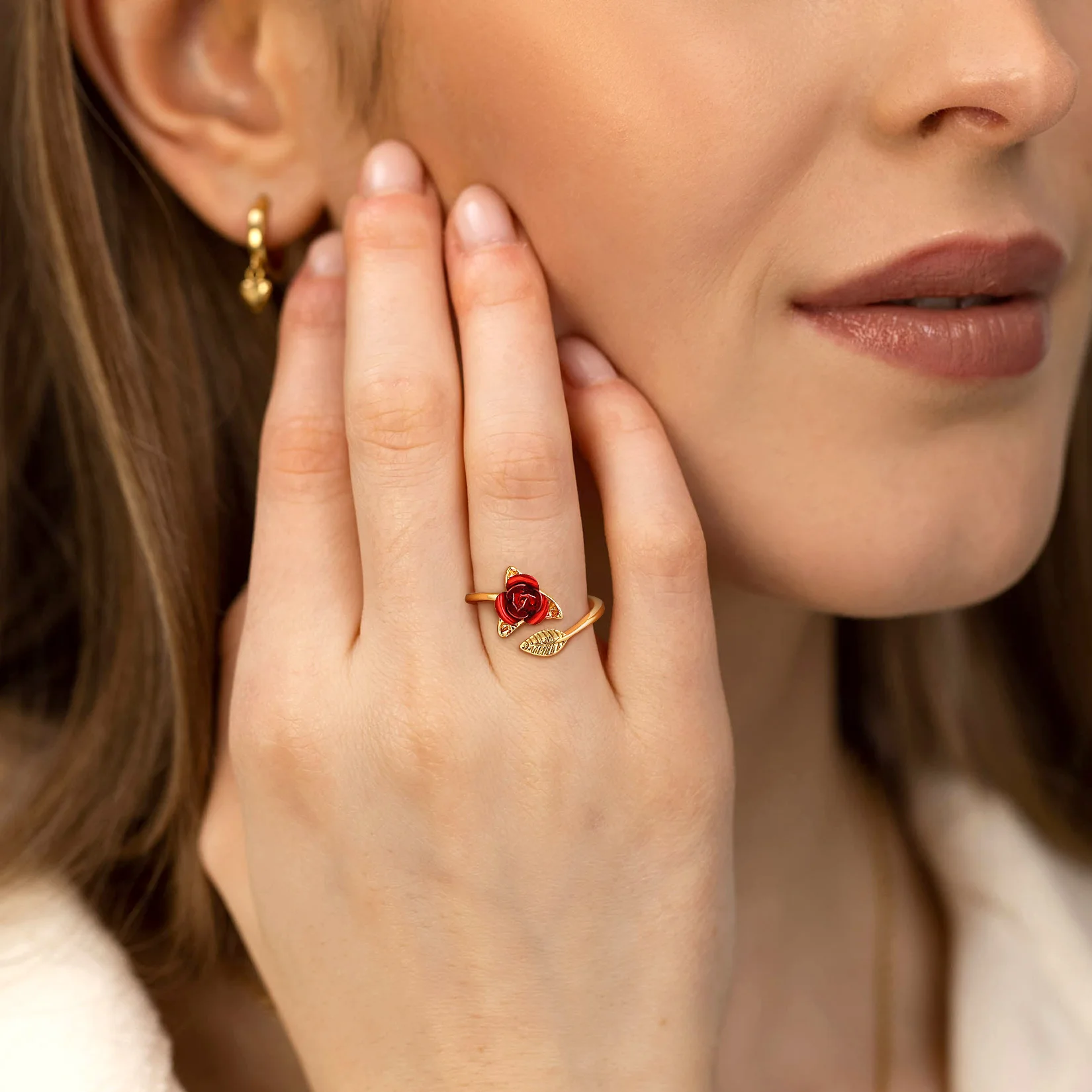 U7 Leaf and Red Rose Flower Open Rings Cuff for Women Flower Charm Adjustable Size Love Romantic Birthday Jewelry GIft for Her