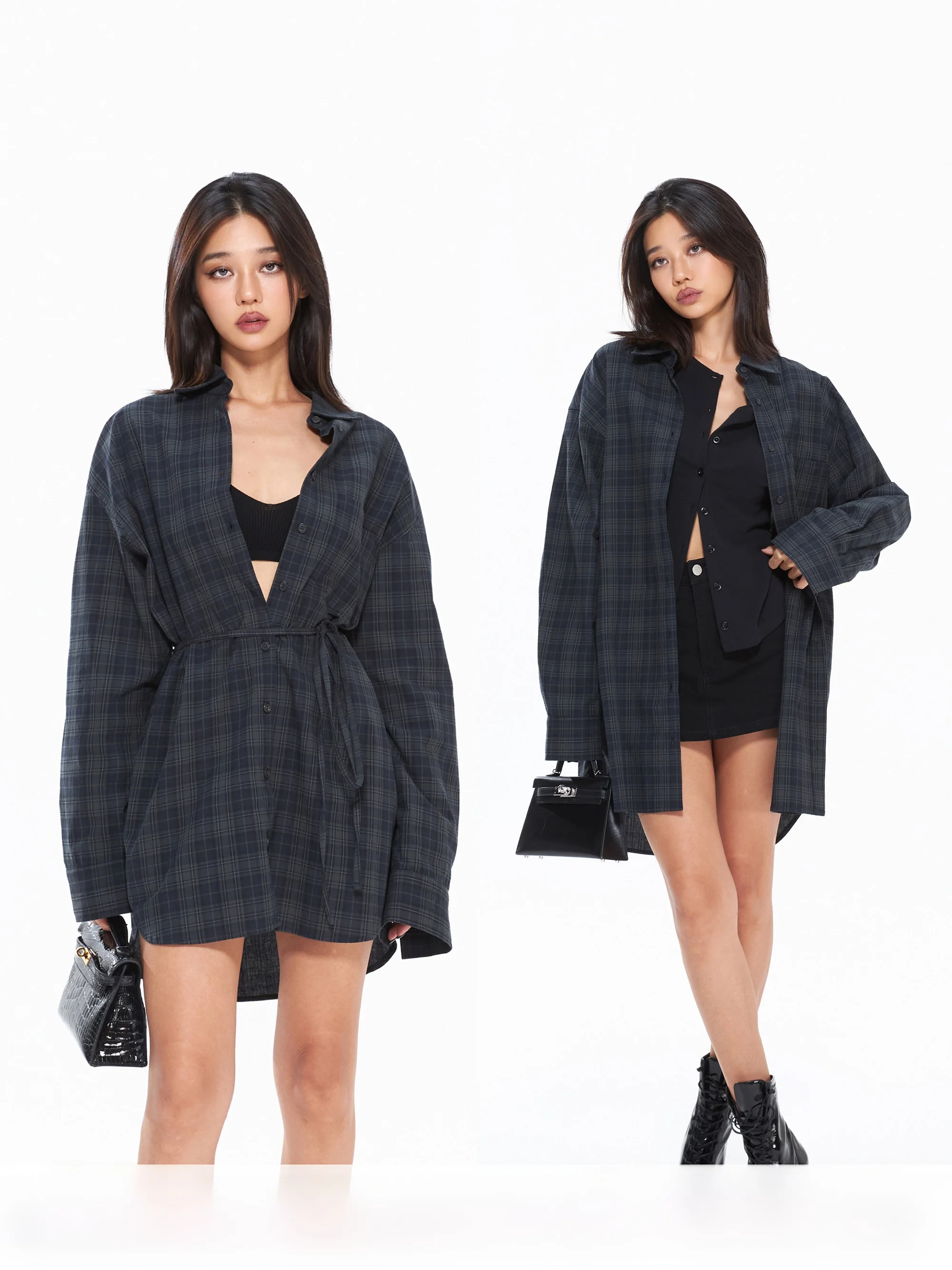 

Платье-рубашка MIRANDA SONG в клетку с поясом, тонкое, повседневное, из чистого хлопка, с длинным рукавом, женское, универсальное, средней длины, как пальто или юбка