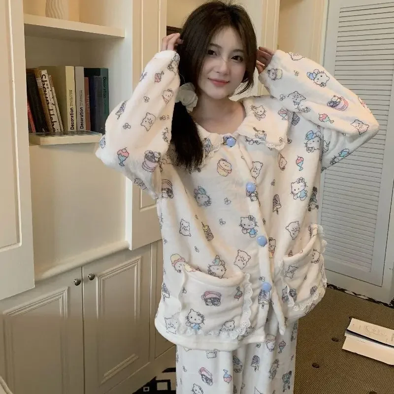 Женский зимний пижамный комплект Hello Kitty 2025 из кораллового флиса, уютная плюшевая одежда для сна и домашняя одежда для дома, милый кавайный наряд