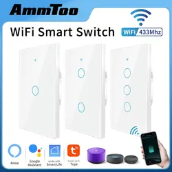 AMMTOO Tuya WiFi Smart Light Switch US 120 Type Wireless Wall Touch Panel 1/2/3 Gang Support Alexa Google Home Smart Life