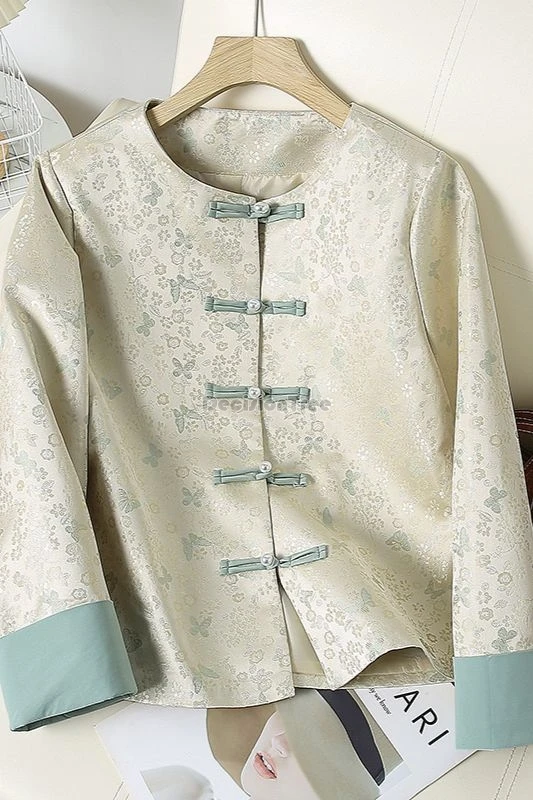 New Chinese style women long sleeve lapel tang suit top Women spring new retro improved daily satin shirt