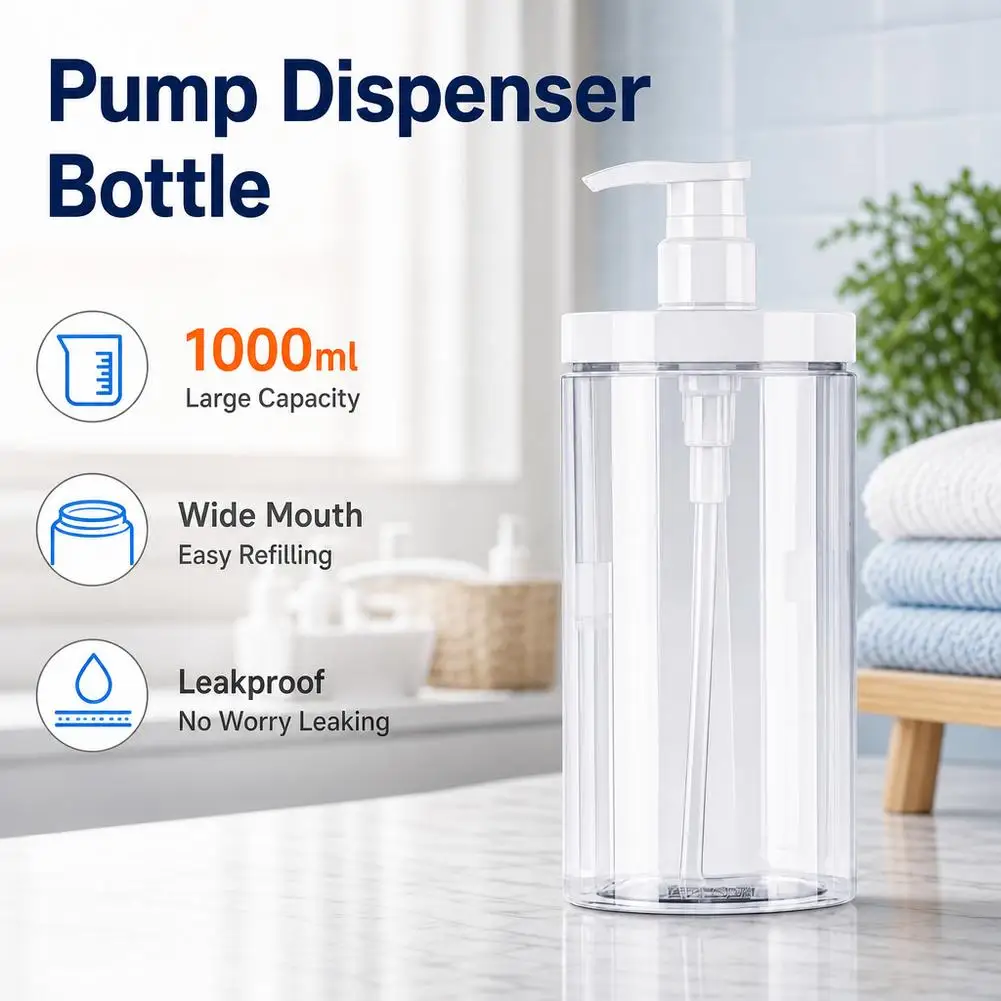 500ml 1000ml Clear Refillable Pump Dispenser Bottle Wide Mouth PET Liquid Soap Dispenser Leak‑Proof Reusable Press Bottle