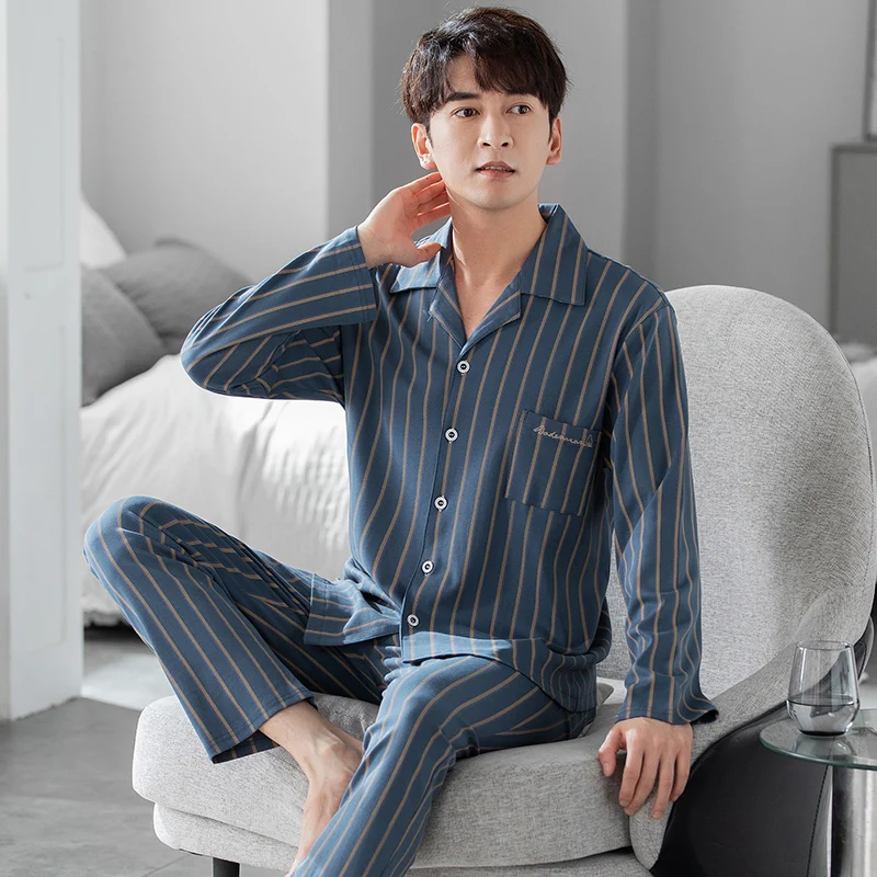 New Spring and Autumn Pure Cotton Men's Pajamas Cardigan Vertical Stripe Casual Fashion Men's Pajamas