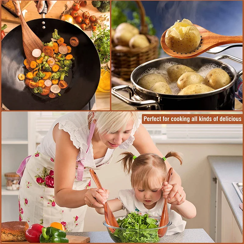 Cucchiai di legno da 9 pezzi per cucinare, utensili in legno per cucinare con portautensili, Set di utensili da cucina in legno di Teak