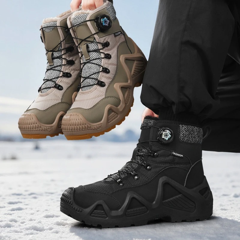 Winter High-top Snow Fleece Warm Rotary Knob Color-blocked Professional Large-sized Men's Anti-slip Outdoor Hiking Shoes