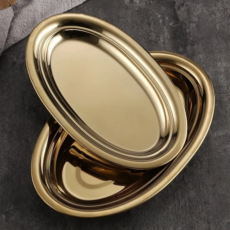 1pcs Stainless steel oval plate egg-shaped steamed fish plate, Korean gold plate barbecue rice noodle plate