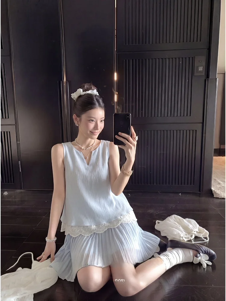 Parkyeon Summer Outfit Cool Design Sleeveless Two-Piece Set Elegance Vest Top Half-length Skirt Casual Style Fast-drying Poly...
