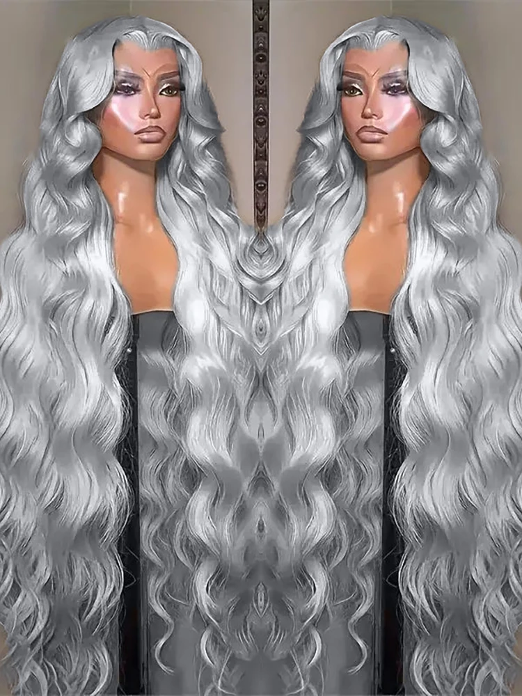 

13x6 Silver Grey Colored Body Wave Lace Front Wigs 100% Human Hair Preplucked 13x4 Lace Frontal Human Hair Wig Brazilian 36 Inch