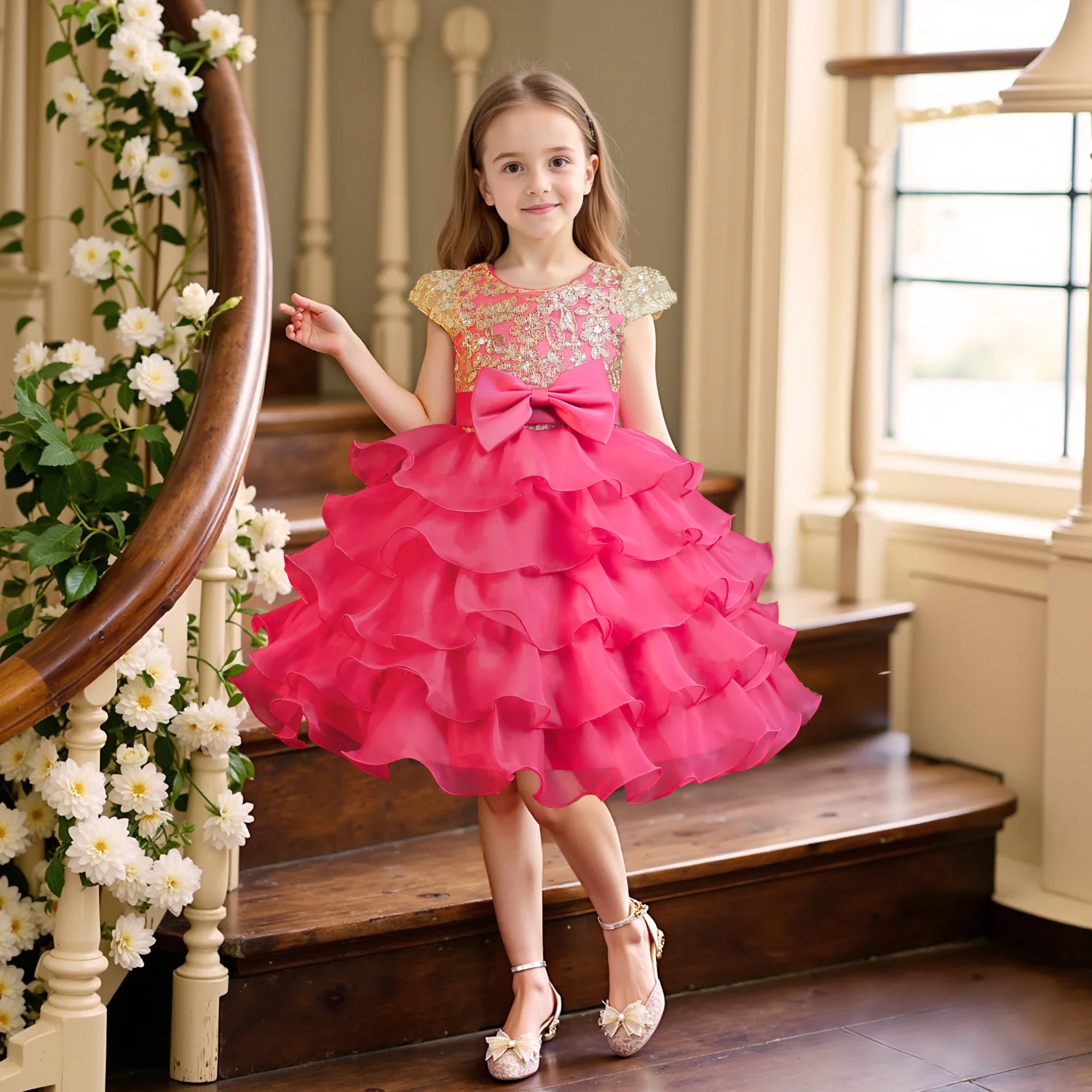 Hetiso Children Layered Dresses Golden Embroidery Girl Princess Gown for Party Holiday Birthday Wear 3-10 Years
