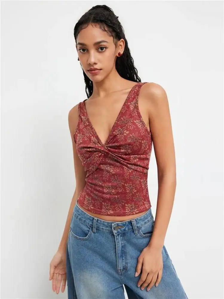 Floral Print Slim Fit Base Shirt Women's Sexy Pure Desire Inner Wear Waist Cinching Holiday Top American Style City Walk T-Shirt