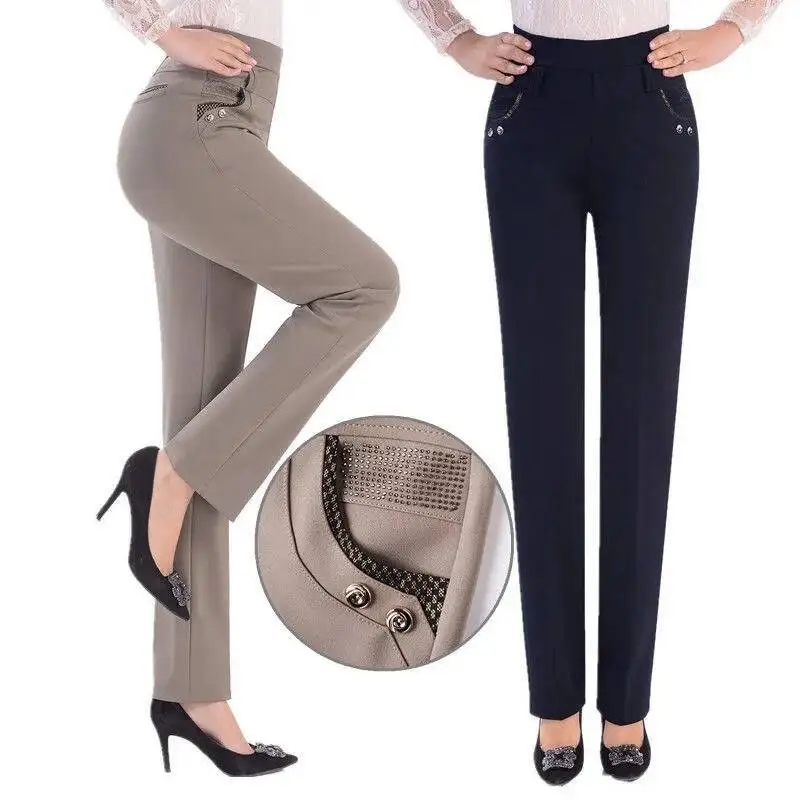 Mother Casual Straight Pants Middle-aged Women 2025 Spring Summer Elegant High Waist Stretch Pants Female Solid Trousers Woman