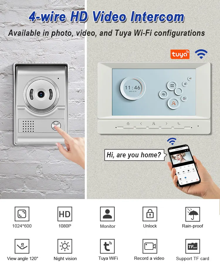 Tuya APP 7Inch IPS Screen Wired AHD WIFI Video Door Phone Intercom Visual Doorbell  Photo&Video Home Security Door Viewer Camera