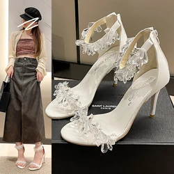 Women's high heels Crystal ice 2023 new white wedding shoes high heels rhinestone thin heel fairy wind one-line belt sandals