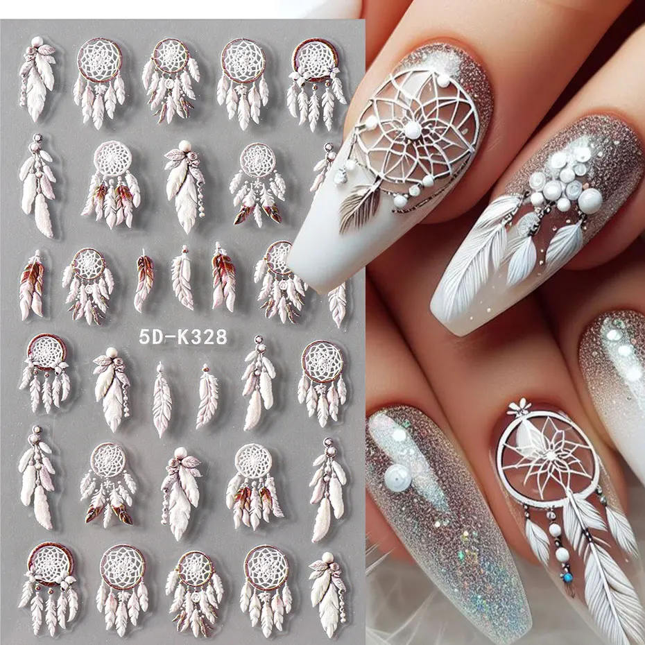 1pc Kawaii Winter Owl Nail Decal 5D Embossed Dreamcatcher Net Sticker Christmas White Rose Flower Engraved Manicure Slider Decor