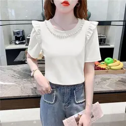 Camiseta de manga corta con cuello redondo para mujer, ropa elegante de moda Harajuku, ajustada, informal, suelta, combina con todo, retales, Verano