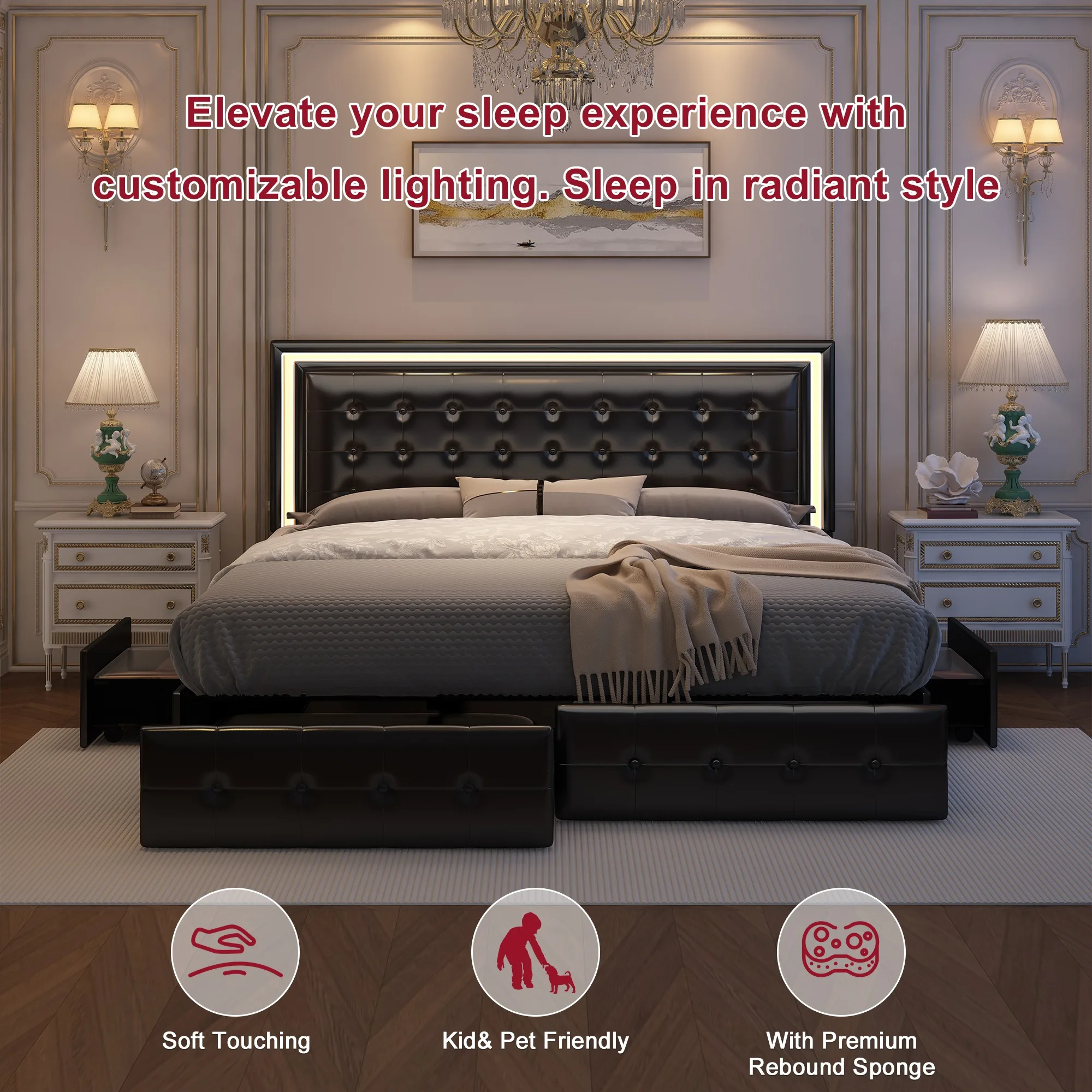 إطار سرير GEGOFORU Queen LED مع 4 أدراج تخزين، لوح رأسي RGBW، منجد من البولي يوريثان، لا حاجة إلى صندوق زنبركي، دعم 900 رطل #5