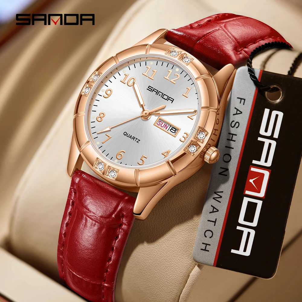 SANDA2026 New Korean Vintage Leather Double Calendar Quartz Watch for Women 5ATM Waterproof Luminous Diamond Set Case 10mm Thin
