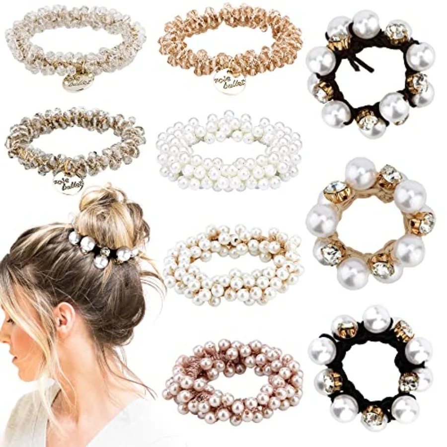 9Pcs Pearl Hair Ties Elastic Hair Scrunchies Hold Crystal Beads Bulk Hair Ropes Stretchy Handmade Boho Bride Bachelorette Party