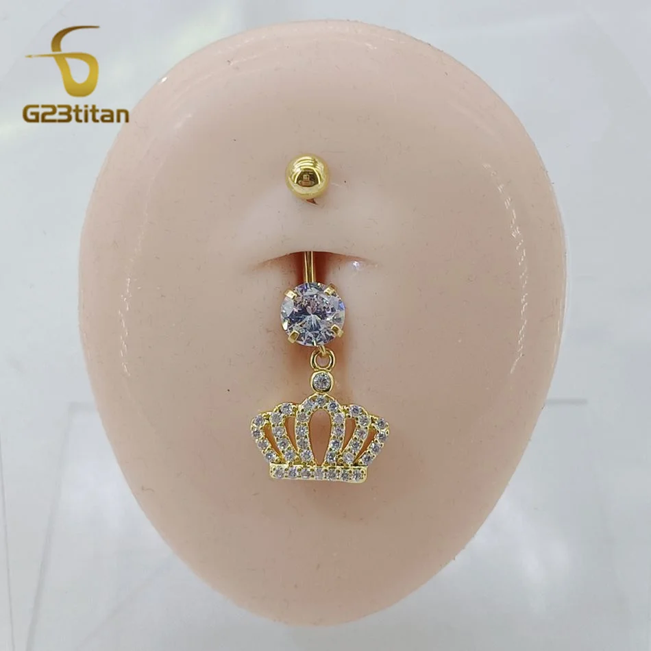 6-16mm Length Barbell Belly Button Rings Micro Inlaid CZ Zircon Crown Pendant Navel Bar Piercing Anti Allergic Women's Jewelry