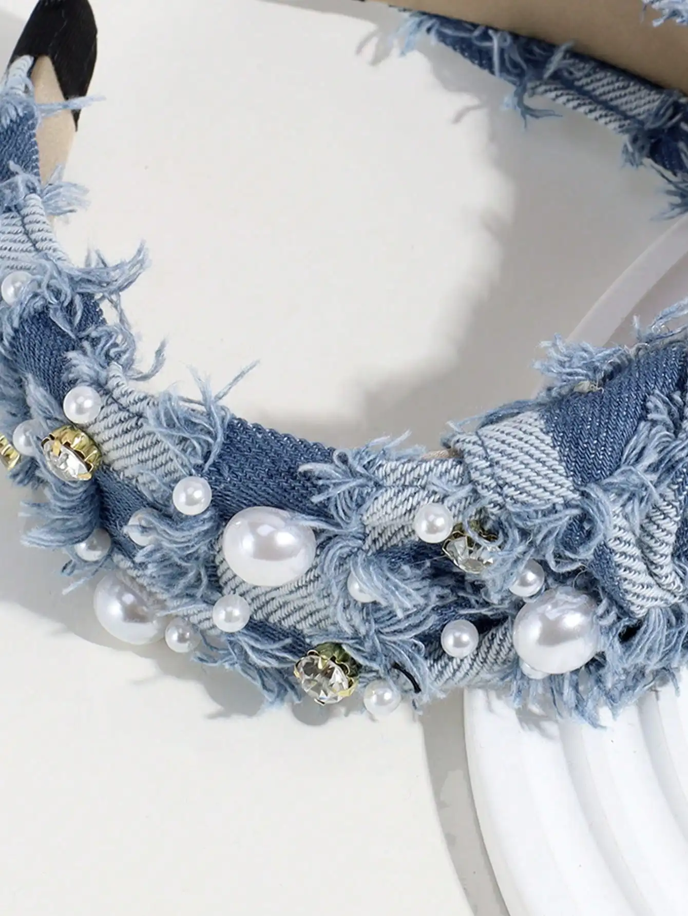 Denim Knot Headband With Faux Pearls And Rhinestones