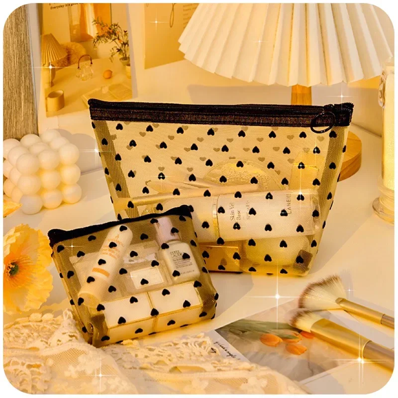 Portable Makeup Bags Female Girls Cute Heart Mesh Transparent Mini Lipstick Storage Bags Casual Zipper Cosmetic Bag Pouch Travel