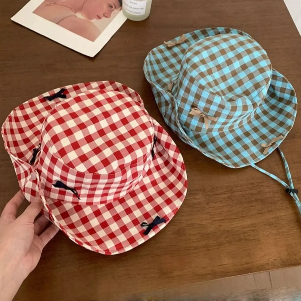

Sweet Sun Protection Hiking Fisherman Hat Versatile Big Brim Plaid Hiking Cap Small Lattice Sunshade Drawstring Sun Hat Outdoor