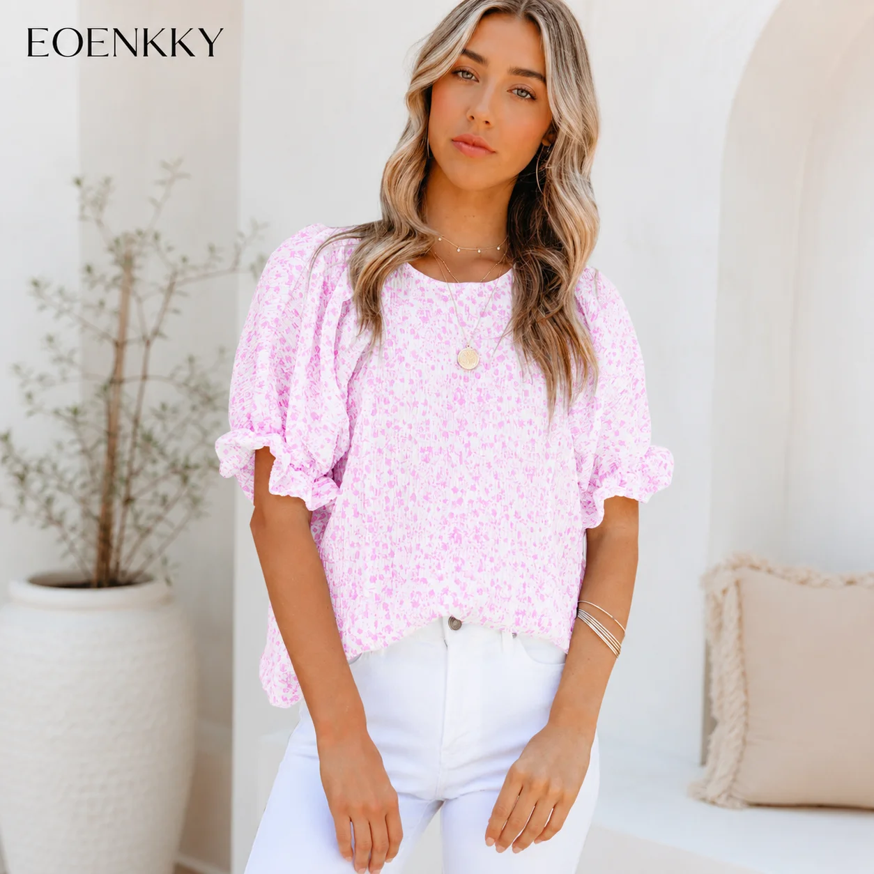 EOENKKY Women Floral Print Blouse Summer Round Neck Puff Sleeve Loose Chiffon Shirt Casual Short Sleeve Top S-3XL