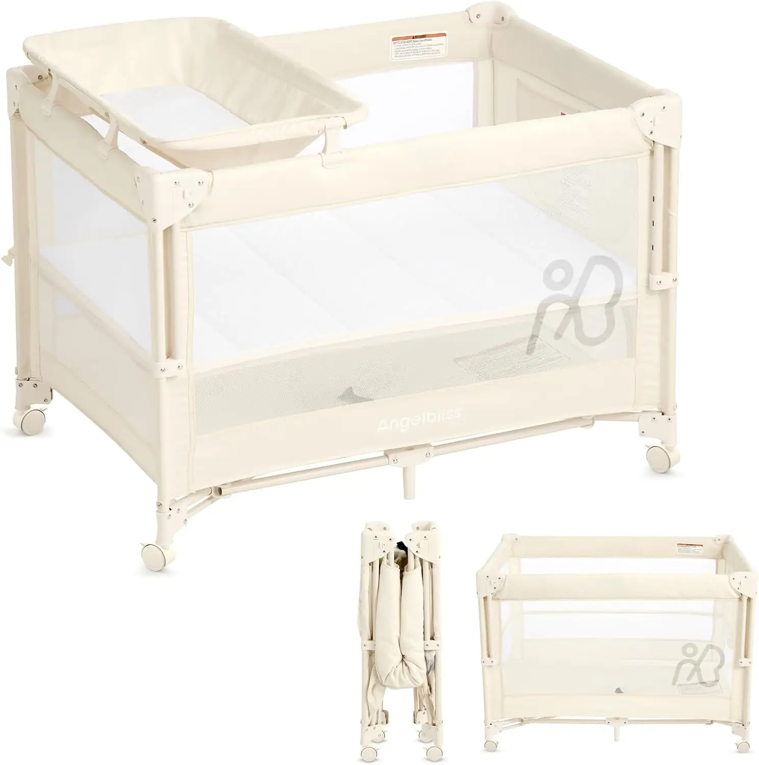 

Baby Bassinet Bedside Crib, Pack and Play with Mattress, Diaper Changer, One-Push Setup Playards from Infants to Toddlers (Beige