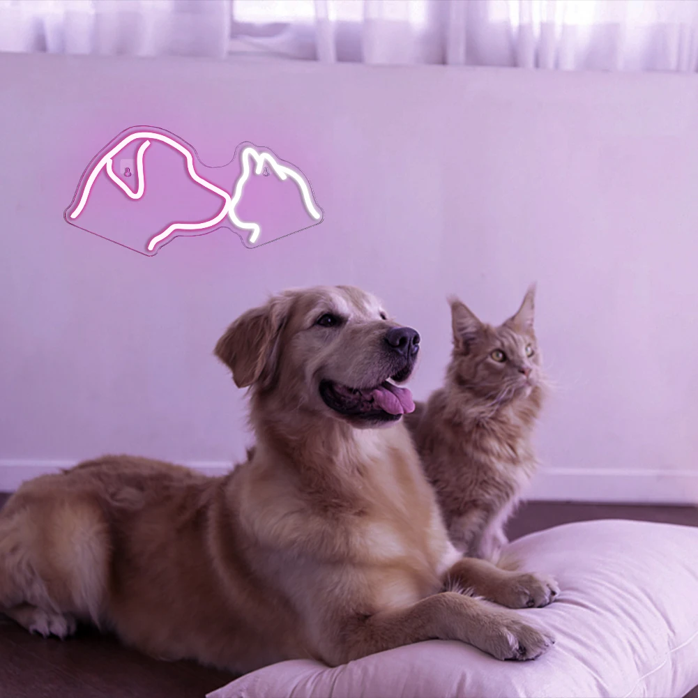 Dog Cat Neon Sign Led Pink White Animal Neon Signs for Wall Decor USB Light Up Signs for Kids Bedroom Pet Shop Party Neon Decor