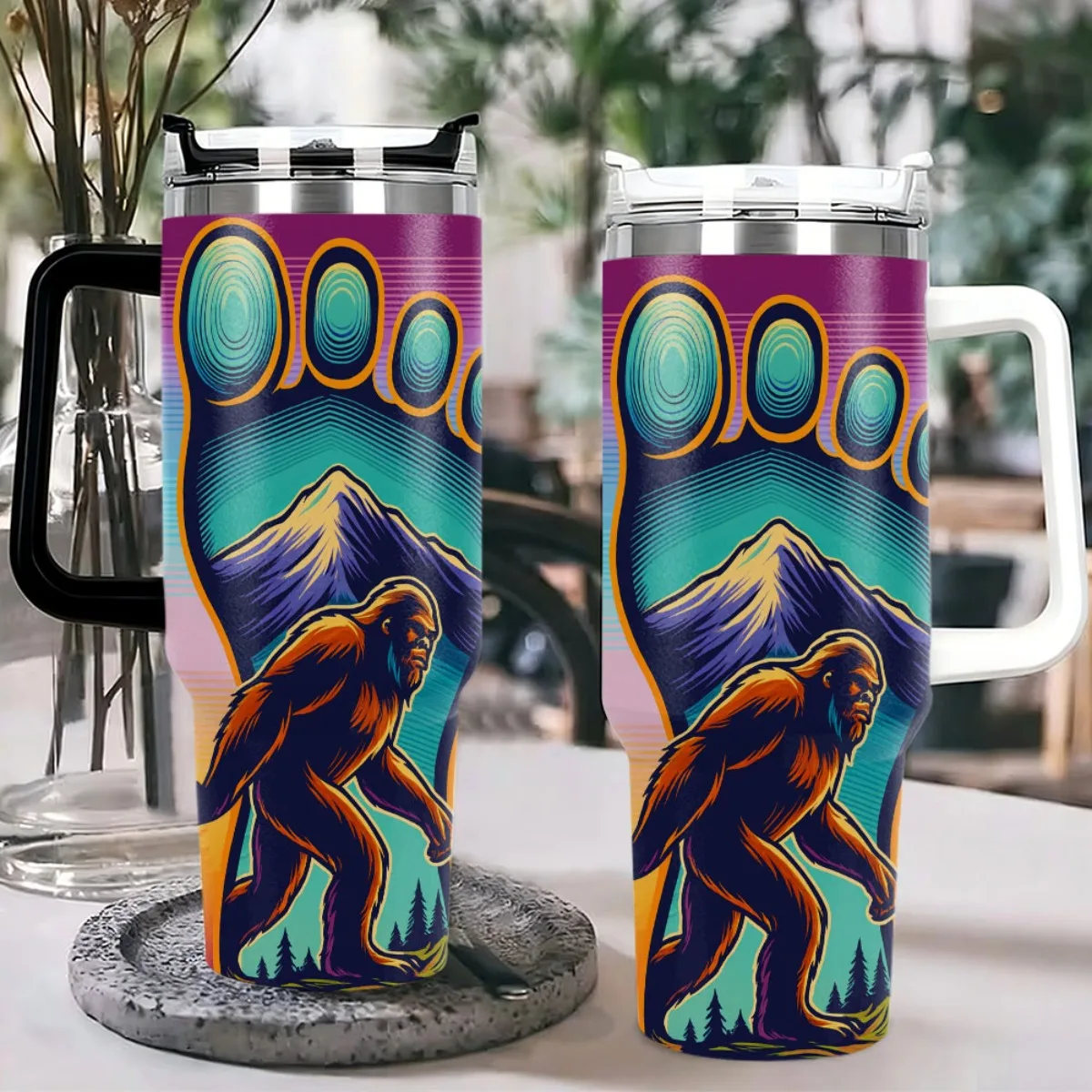 1pc 40oz Summer Cooling Soda Can with Lid & Straw - Vibrant Forest & Mountain Design Stainless Steel Perfect for Ice Cubes & Iced Beverages Ideal for Sports Outdoor Activities Holidays & Gi