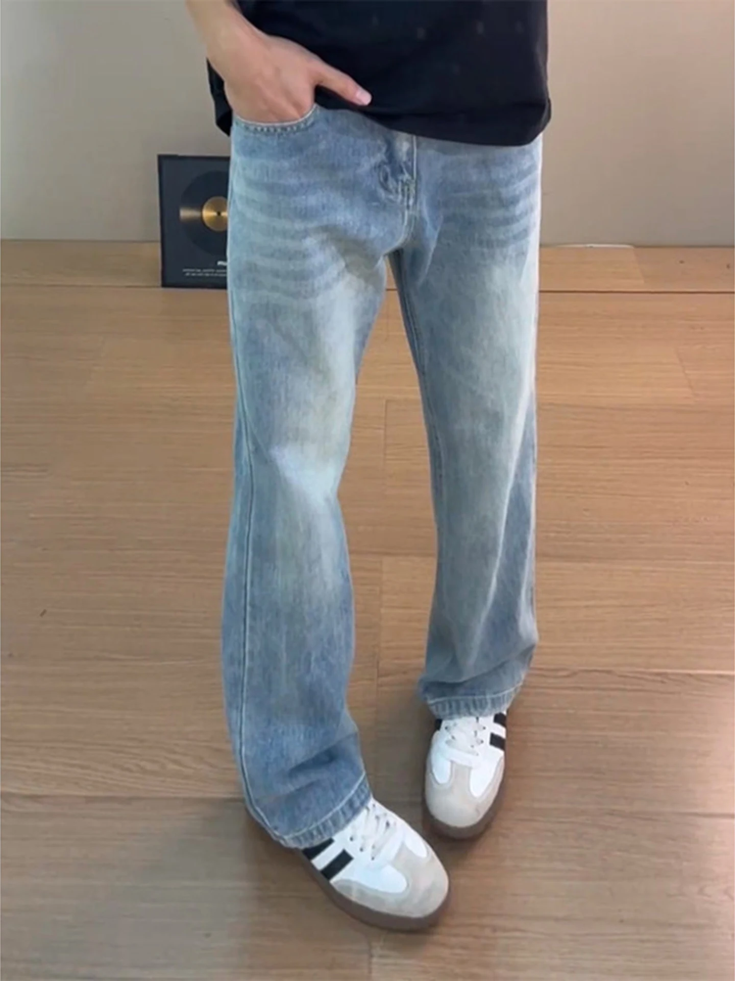 

American Retro Blue Washed Bell Bottom Straight Leg Jeans Men High Street Vibe Slimming Tapered Knife Casual Denim