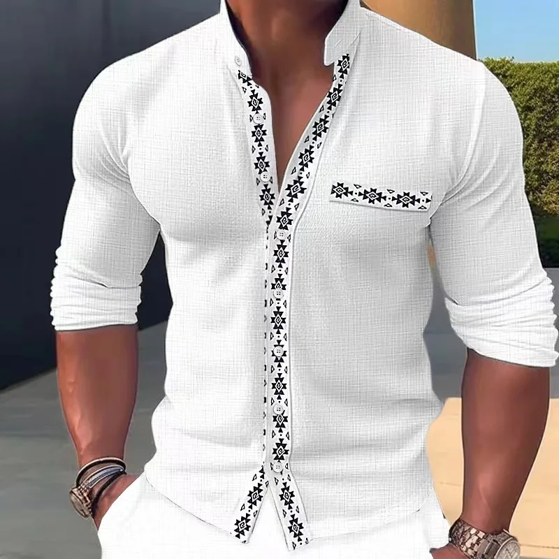 Fashionable contrast color men\'s shirt spring stand collar button slim shirt business office long sleeve versatile top