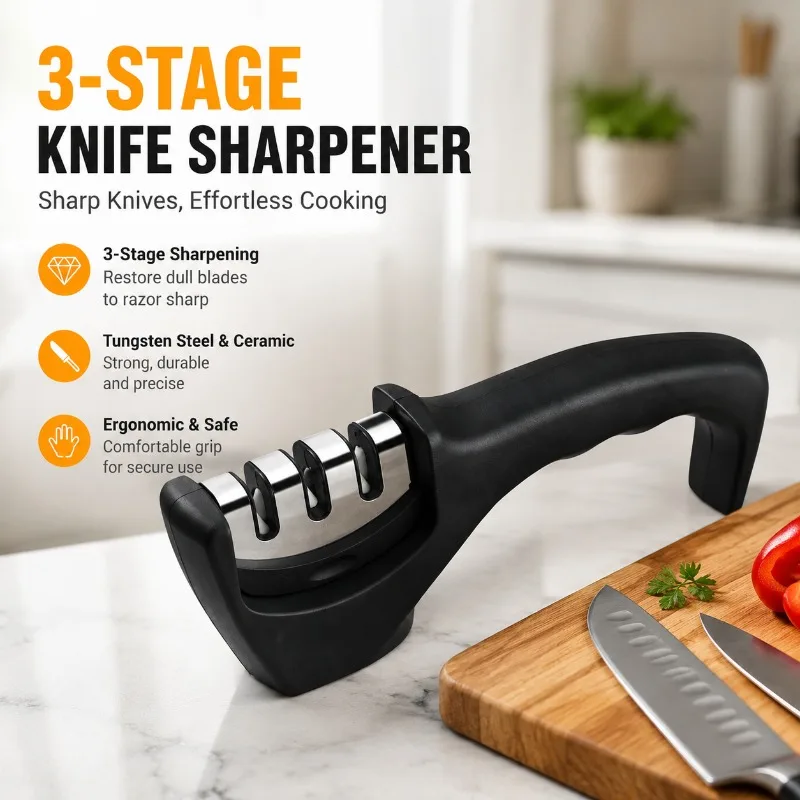 Three‑stage Hand‑held Knife Sharpener Tungsten‑steel Ceramic Fast‑grinding Kitchen Gadget for Dull Blades Multi‑slot Polishing