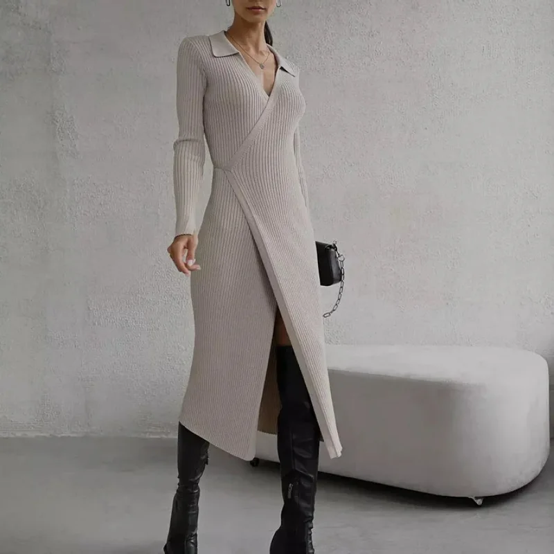 

Autumn and Winter 2025 Lace-up Long-sleeved Solid Color Slim Women's Elegant Dress