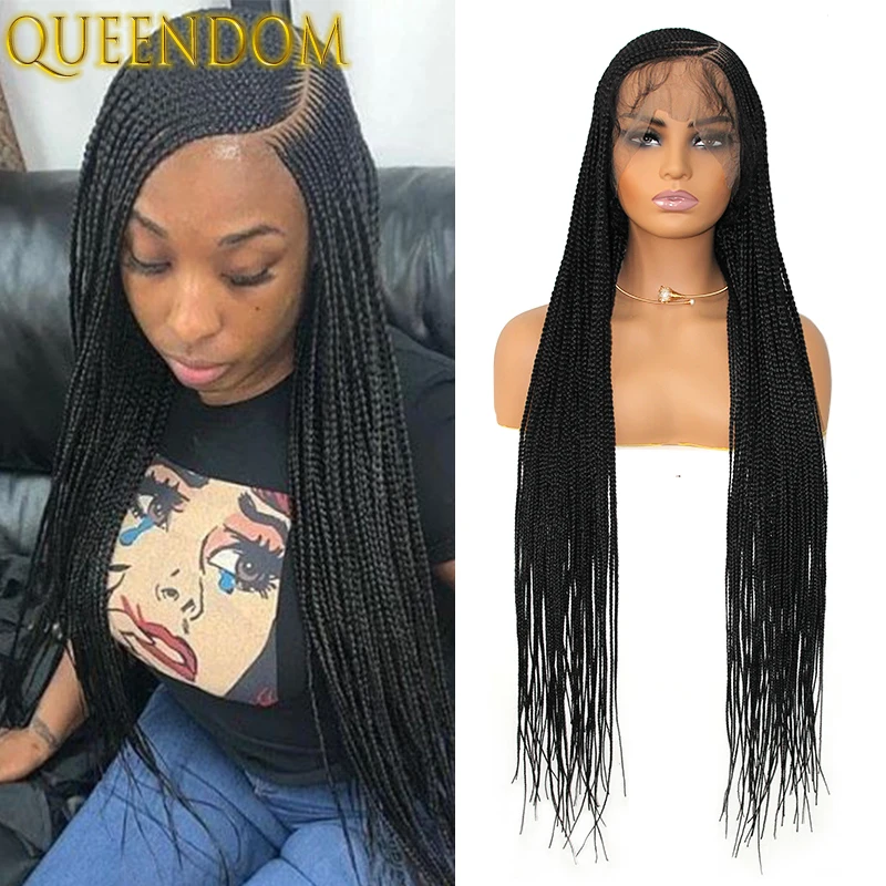 36\'\' Cornrow Braided Wigs for Women Full Lace Front Box Heart Braided Wig Synthetic Side Part Knotless Twist Braids Goddess Wig