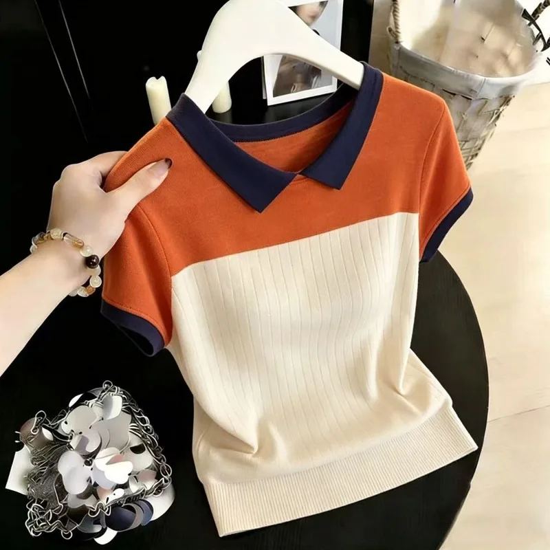 Color Block Polo Collar Knit T Shirt Women Summer Short Sleeve Slim Fit Striped Knitwear Casual Contrast Color Tops