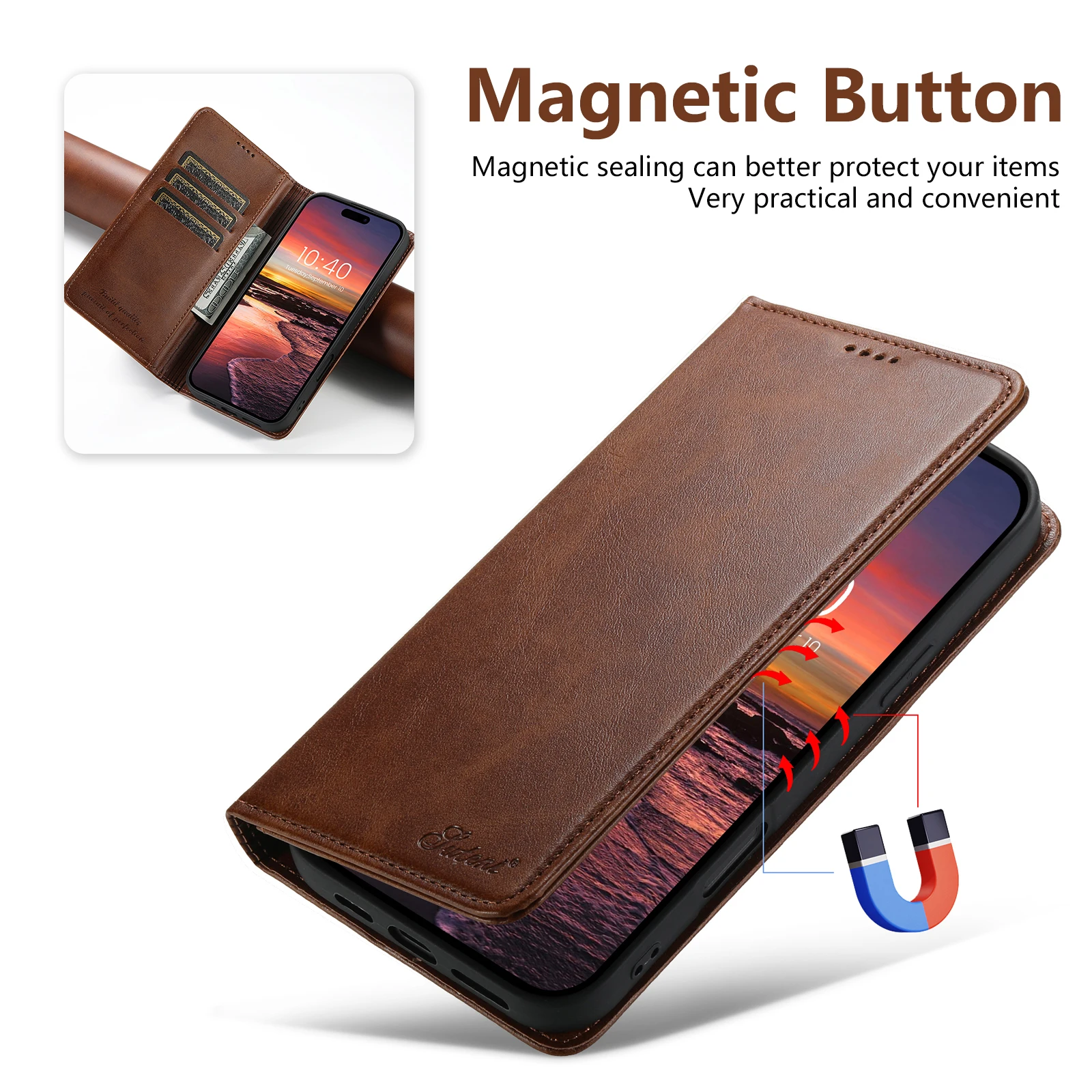 SUTENI Kunstleder-Kartenhalter-Standfunktion-Geldbörse Magnet-Flip-Cover Handyhülle für iPhone 18 Pro Max 17 16 Plus 15 Pro 14 13 12 – Detail 23