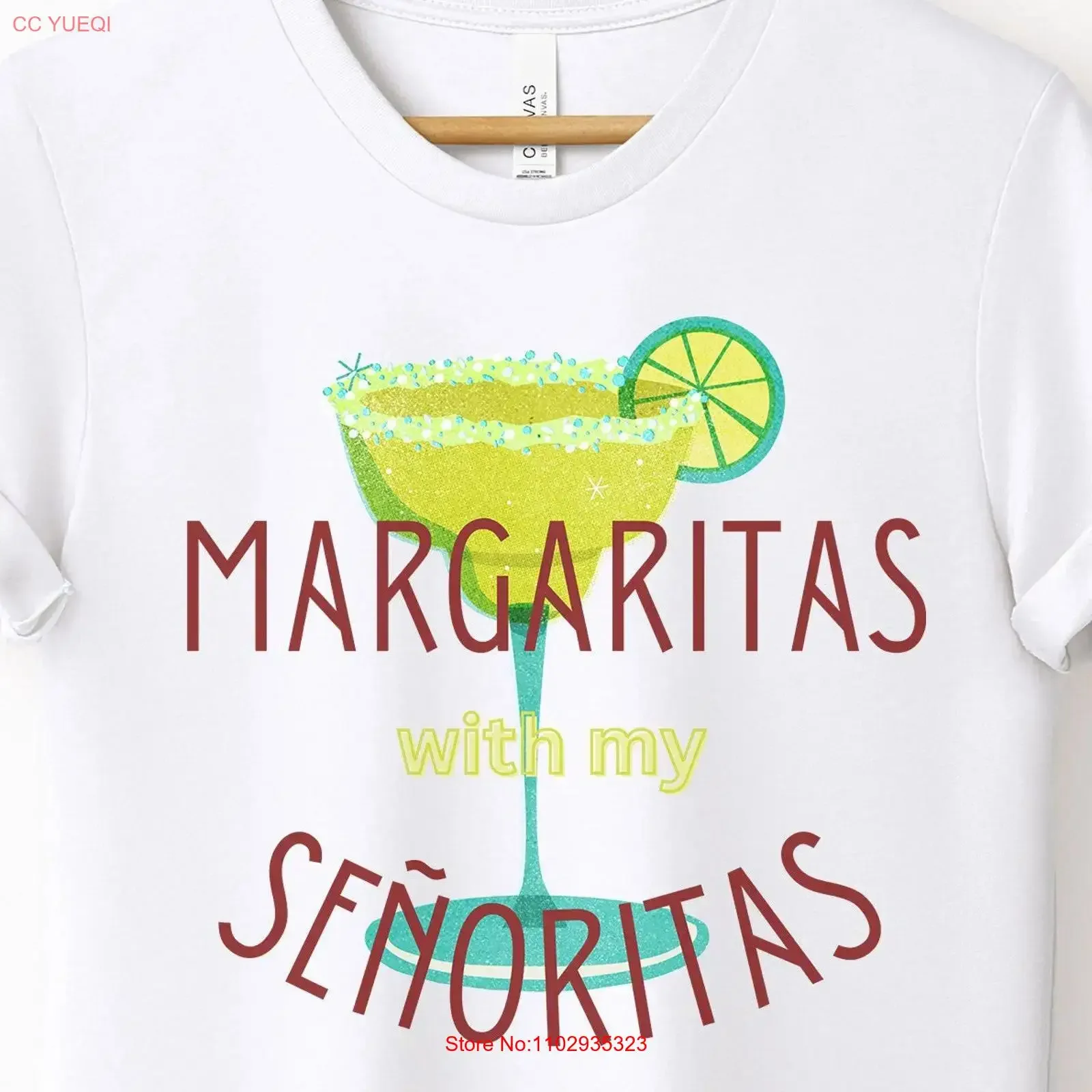 Camisetas personalizadas para despedida de soltera con la frase 'Margaritas con mis Señoritas Cinco De Mayo', para viajes de chicas y damas de honor, con hashtag a juego.