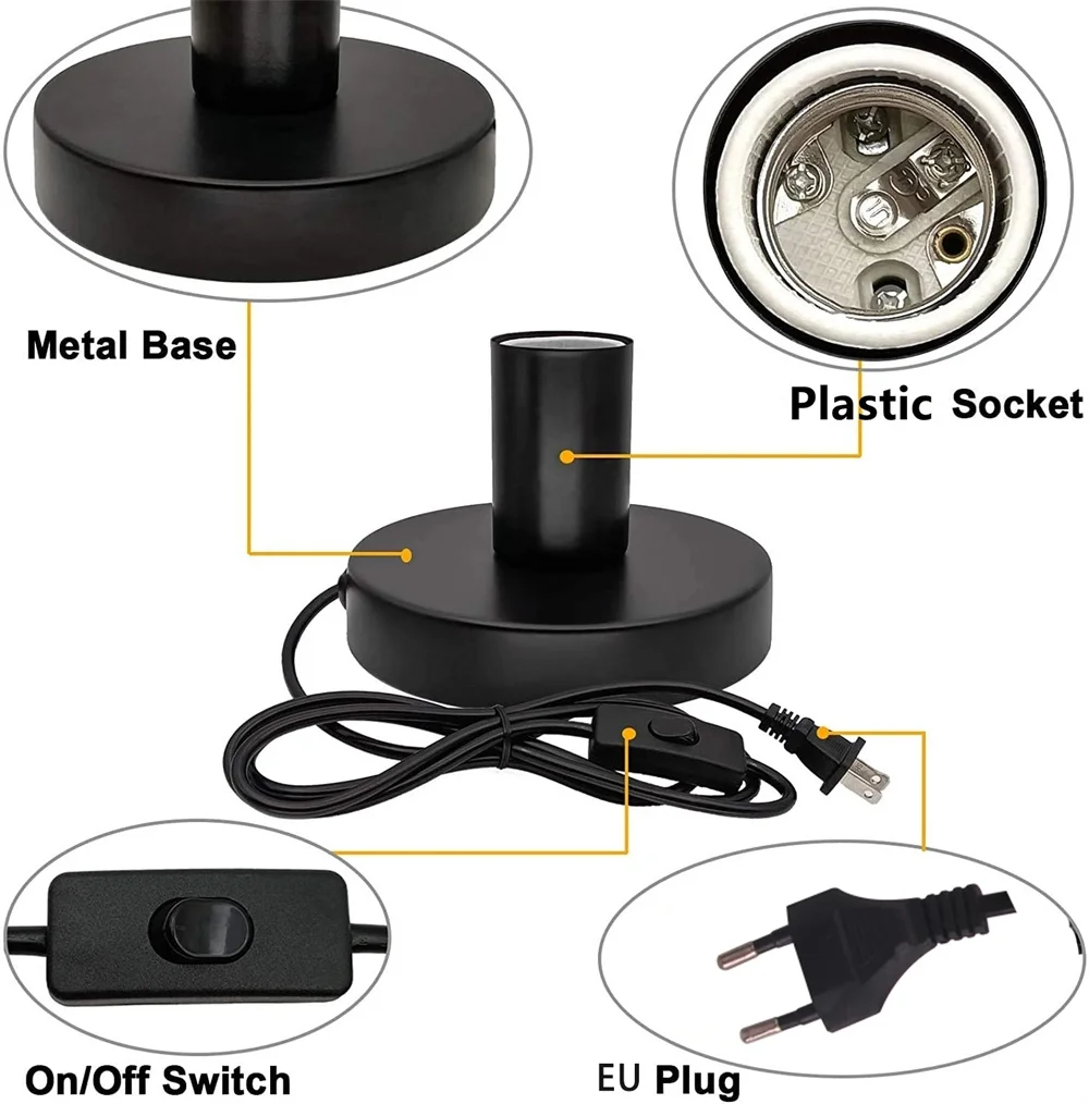 Simple Metal Table Lamp Base 1.7m EU/US Plug With Wire Control Switch E27 Small Night Lamp Holder for Table Bedside Bedroom