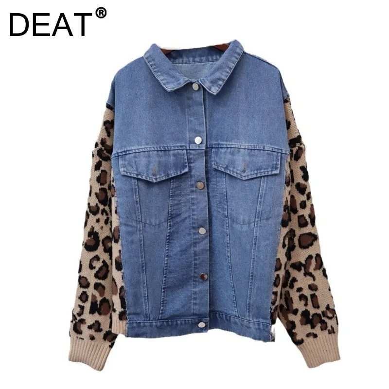 DEAT Women's Coat Patchwork Denim Leopard Pattern Knitting Sweaters Loose Long Sleeve Cardigan 2025 New Fashion Spring 29L8805