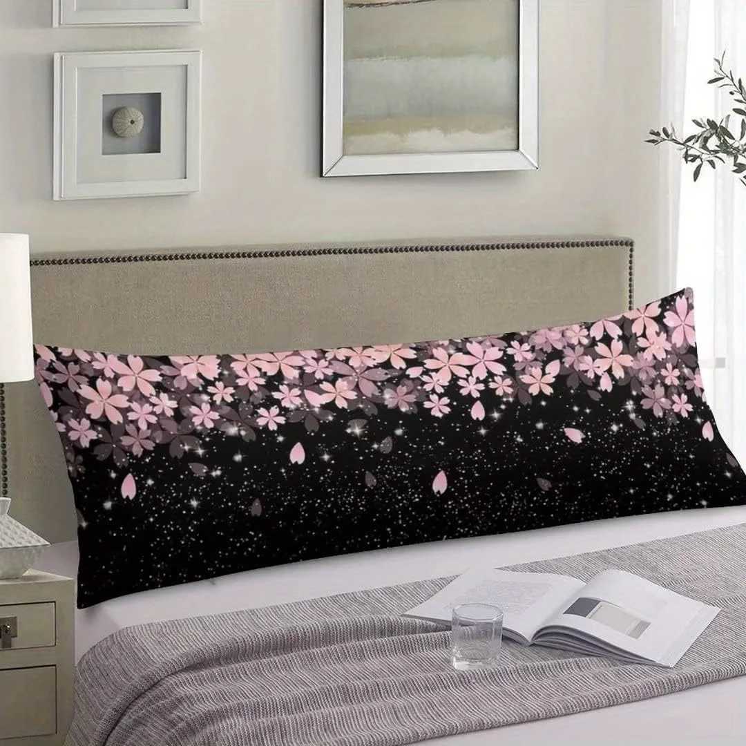 Cherry Blossom Body Pillow Cover, Sakura Flowers Spring Floral Rectangle Cushion Case with Zipper, Black Pink
