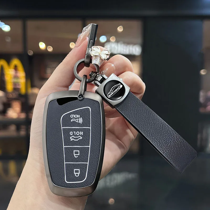 

Zinc Alloy Leather Car Key Case Holder For Hyundai Grand Santa Fe 3 DM IX45 IX35 Genesis DH Grandeur Azera HG Equus 2013 2014