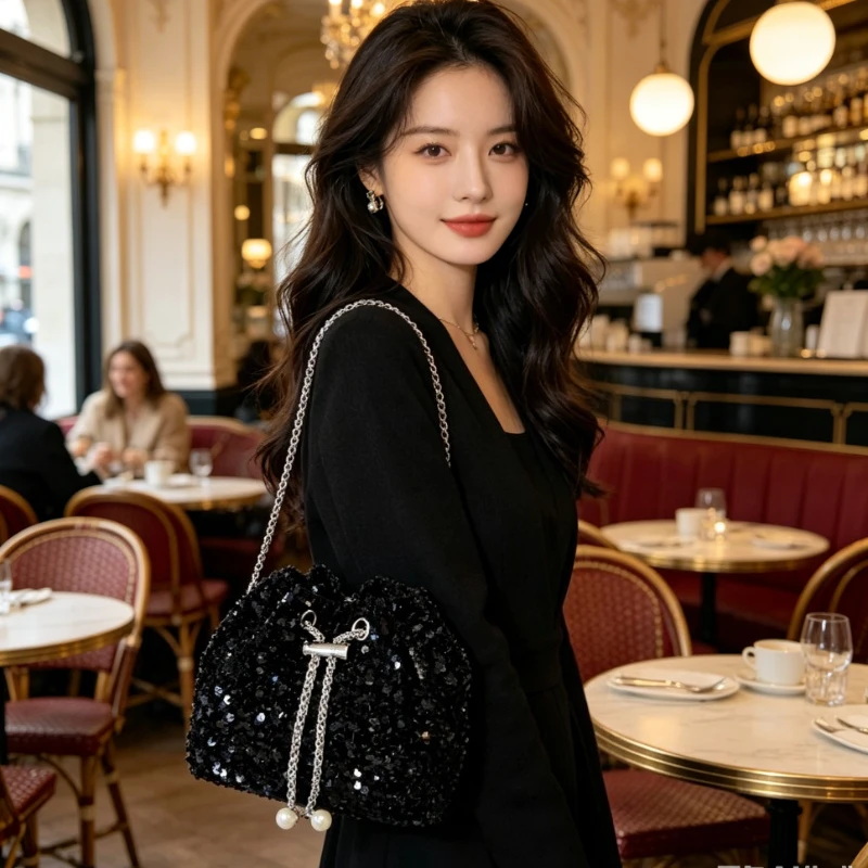 

Silver Sequin Mini Pouch Crossbody Bags Pearl Drop Drawstring,Thin Metal Chain Strap Sparkly Evening Clutch,For Wedding Party
