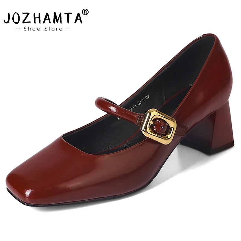 JOZHAMTA Size 34-39 Women Vintage Red Pumps Real Leather Thick High Heels Shoes Square Toe Buckle Strap 2025 Spring Party Office