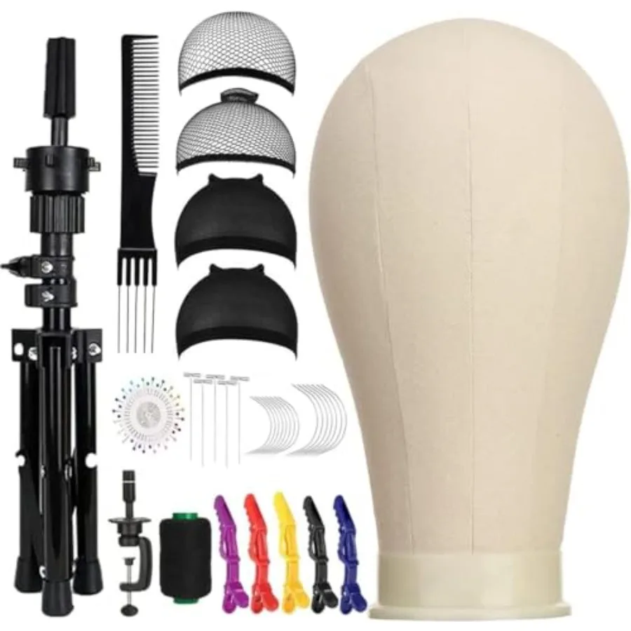 

23 Inch Canvas Block Mannequin Head for Wig Making Display with Wig Caps T Pins and C Bristle Brush Ideal for Salon Styling Hai
