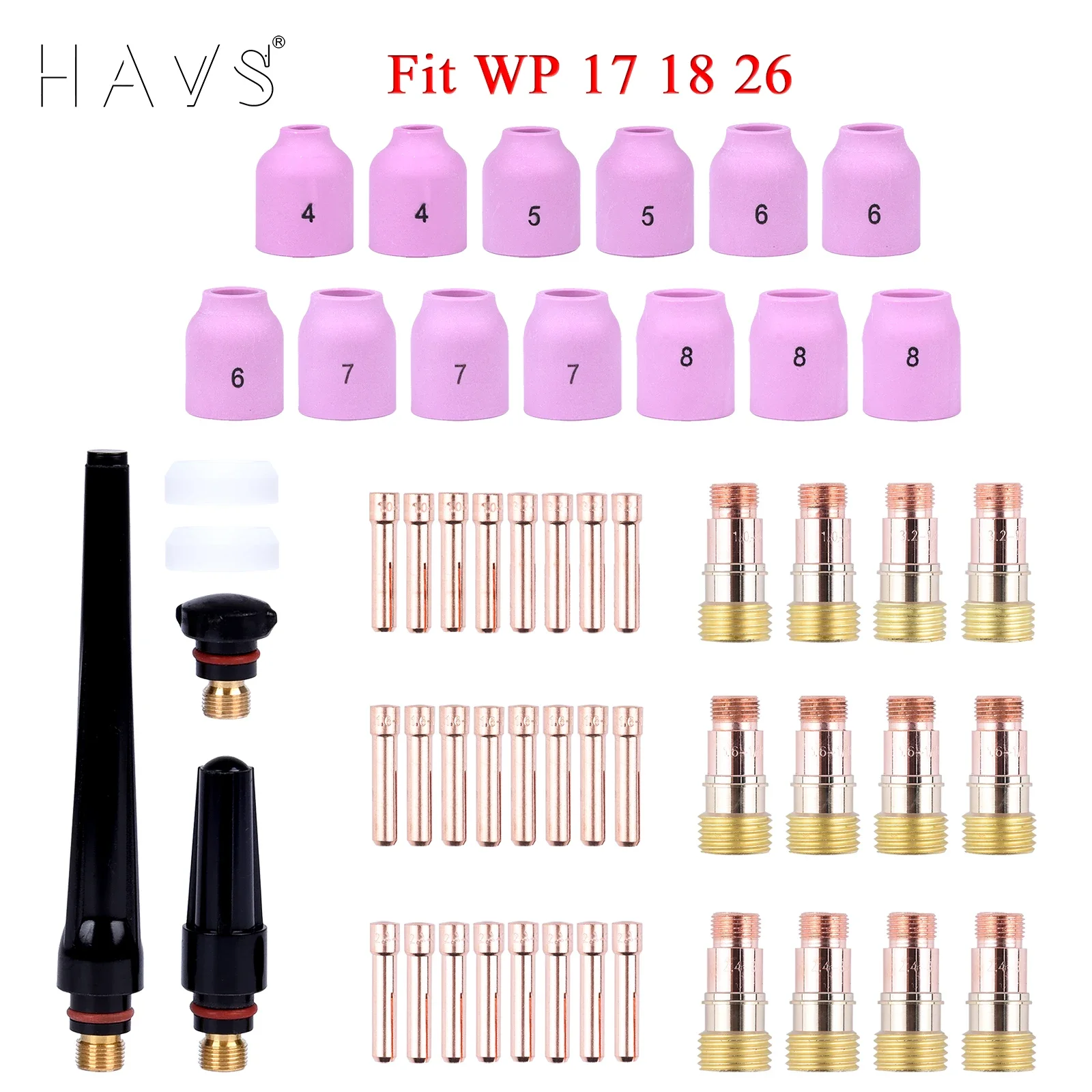 54PCS TIG Welding Torches Stubby Gas Lens Collets Alumina Nozzles Back Cap Kit Fit SR WP17 WP18 WP26