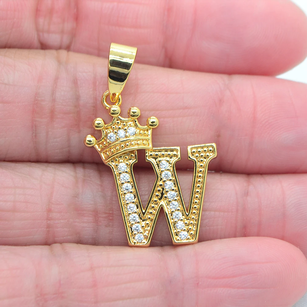 High Quality Gold Color Clear Cubic Zirconia Fashion Alphabet Letters Small Crown Pendant Jewelry