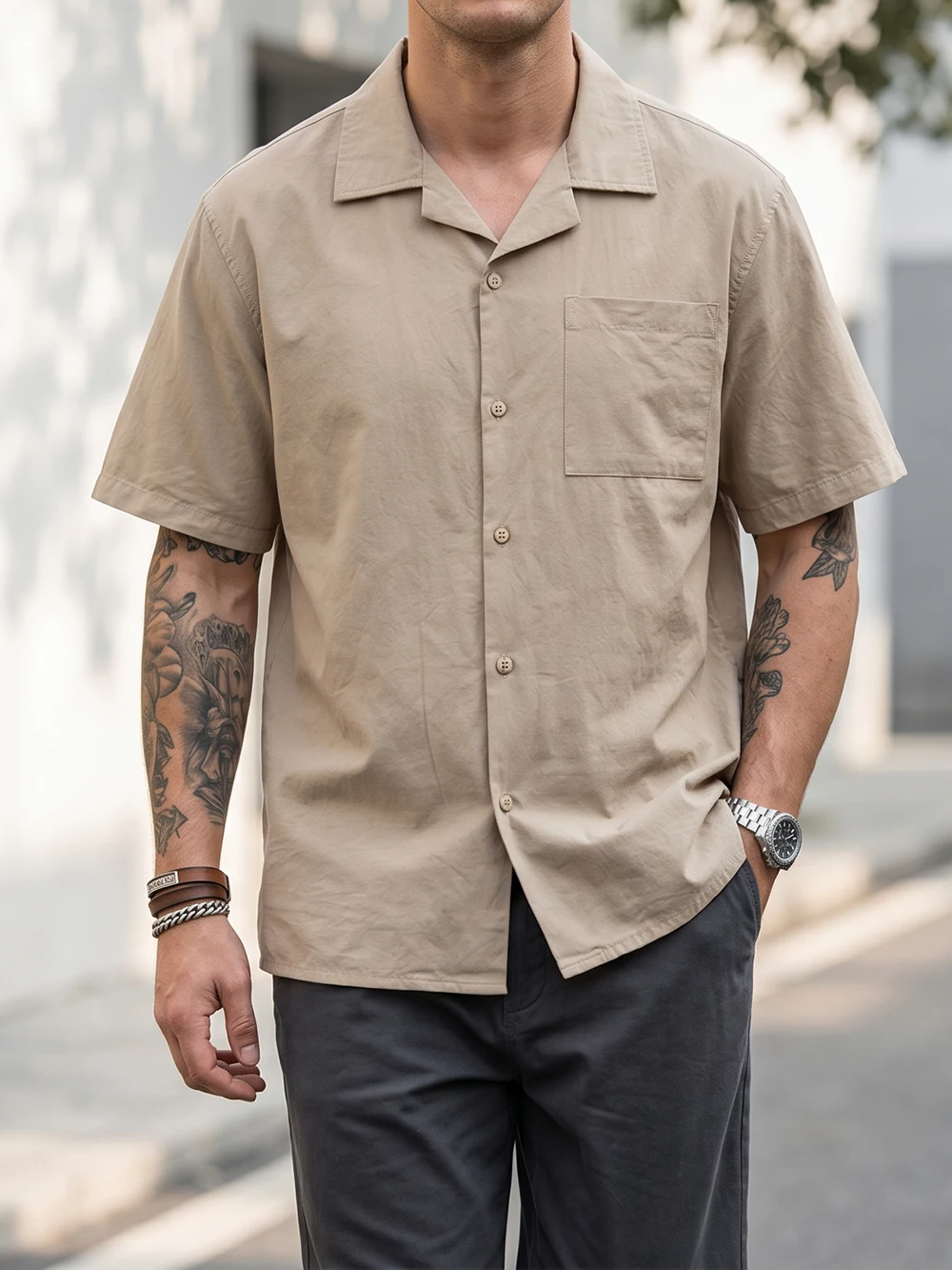 

Japanese vintage Cuban collar short sleeve shirt 100% pure cotton washed men loose summer casual Hong Kong style oversized top