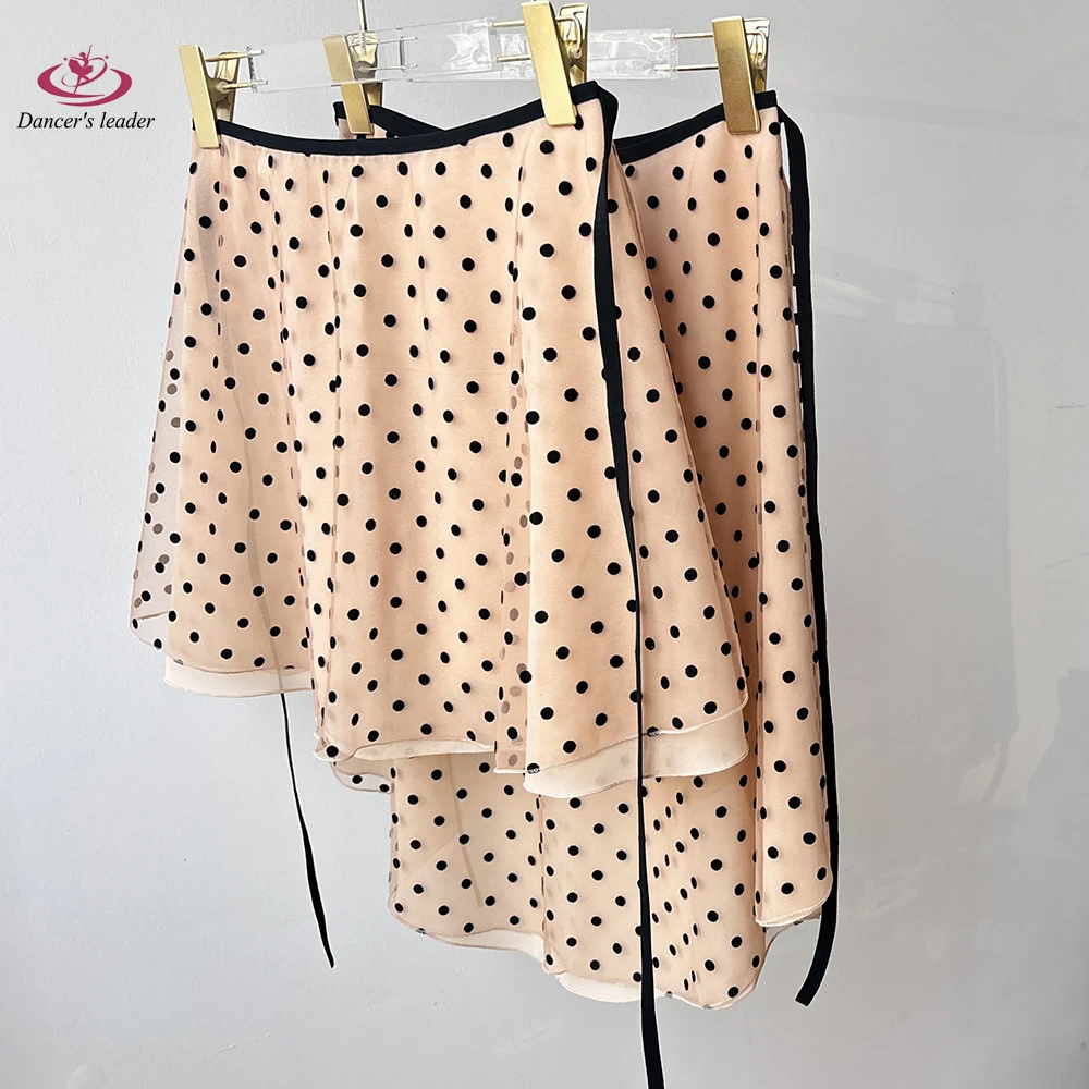 バレエレースアップスカート-カーキベルベット-ブラック水玉模様-レディースダンススカート-体操練習スカート-大人用叙情スカート